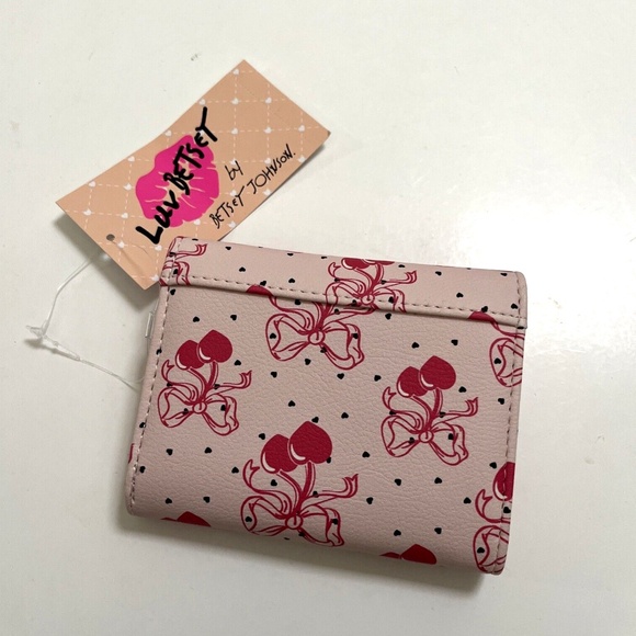 NWT BETSEY JOHNSON Trifold Wallet Pink Cherries Bows Heart Print Faux Leather - Picture 5 of 6